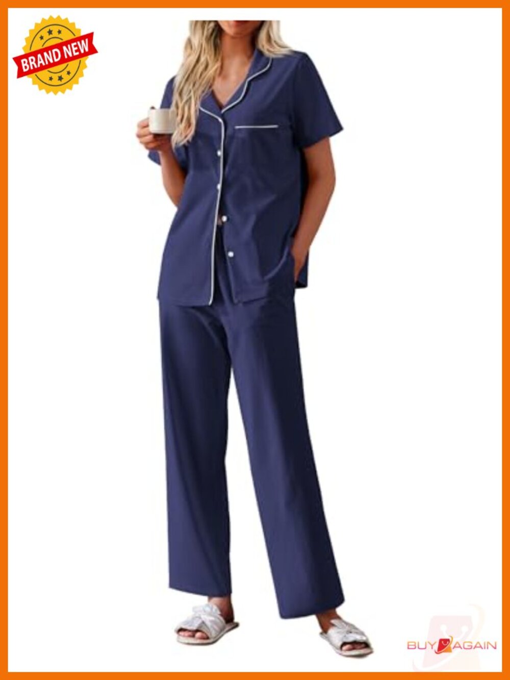 Cotton Pajama Set Short Sleeve Button Down with Pants